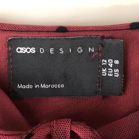 ASOS DESIGN flocked Burgundy Black Polka Dot ruched sleeve romper Size 8 - Picture 6 of 13